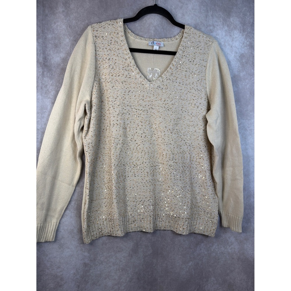 NWOT Denim &‎ Co Women's Beige w Gold Sequin Metallic V Neck Sweater Size Large